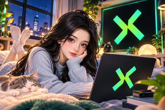 An anime-style illustration of a girl with long dark hair lounging on a bed next to a cat, with a laptop and monitor displaying a bright green "X" logo.
