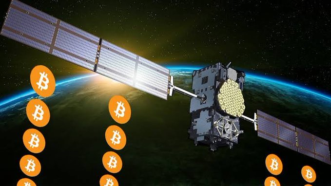 A Blockstream satellite orbits Earth with solar panels extended, surrounded by floating orange Bitcoin logos, visually illustrating how the satellite network broadcasts the Bitcoin blockchain globally from space.