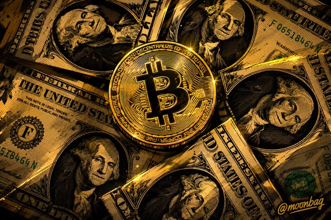 A golden Bitcoin coin rests atop a spread of U.S. one-dollar bills, with the watermark "@moonbag" visible in the corner. The imagery visually reinforces the post's theme of Bitcoin's market recovery, contrasting the digital asset against traditional fiat currency as it rebounds from the $62k trough toward a new record.
