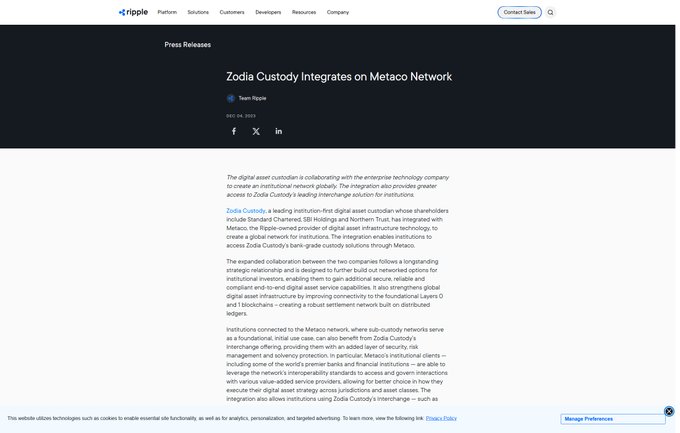 A Ripple webpage displays a December 4, 2023 press release titled "Zodia Custody Integrates on Metaco Network," announcing that the digital asset custodian is collaborating with enterprise technology company Metaco to create an institutional network globally, building on Ripple-owned infrastructure through Standard Chartered, SBI Holdings, and Northern Trust integrations—aligning with the post's commentary about Ripple's acquired custody platform and Standard Chartered's subsequent move to acquire Zodia's custody business.