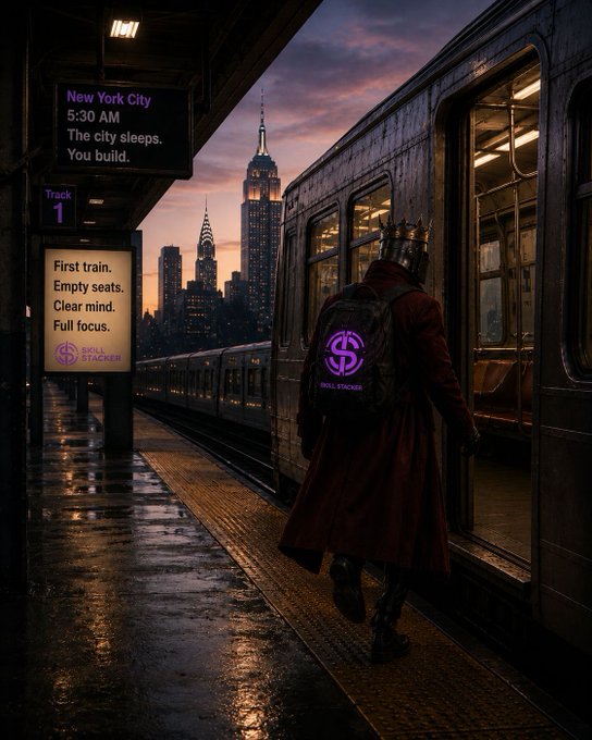 A moody digital artwork of a figure wearing a crown and a backpack with a "$" logo standing on a New York City subway platform at dawn, with a sign reading "New York City 5:30 AM / The city sleeps. You build." and "First train. Empty seats. Clear mind. Full focus."