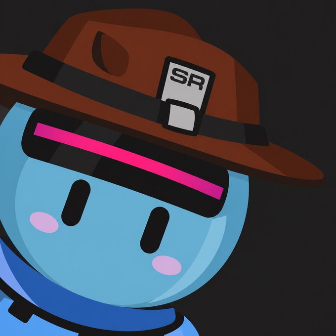 A cartoon illustration of a blue character wearing a brown ranger-style hat with an 'SR' badge and a pink visor.