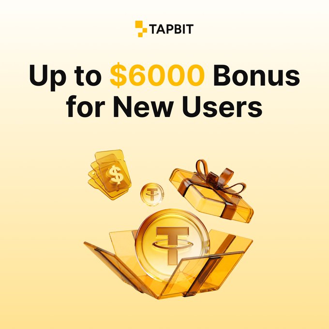 A promotional advertisement for 'TAPBIT' announcing 'Up to $6000 Bonus for New Users,' featuring 3D gold bars, gift boxes, and a coin with a 'T' logo.
