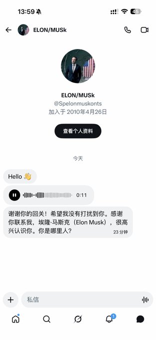 A messaging app conversation with a profile labeled "ELON/MUSK" (@spelonmuskonts), where someone sent a voice message and a greeting in Chinese.