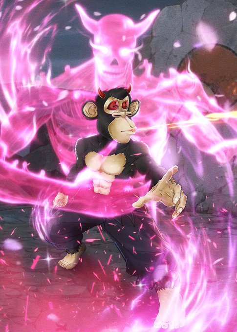 A 3D-rendered black monkey character with glowing red eyes channels a giant pink demonic entity behind him, surrounded by swirling pink energy effects.