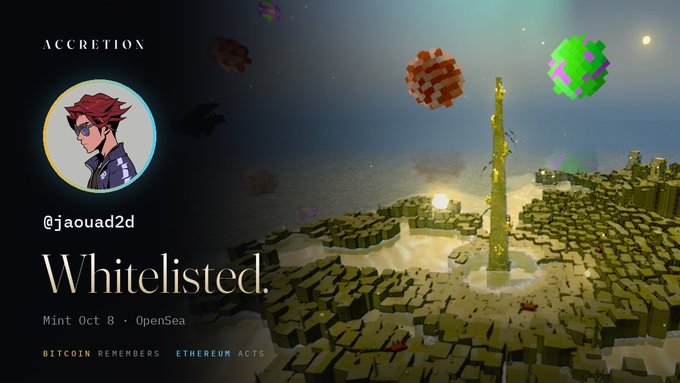NFT artwork titled "Whitelisted." by @jaouad2d on the Accretion platform, featuring a voxel/pixelated 3D landscape with green terrain and floating cubes, mint date Oct 8 on OpenSea.