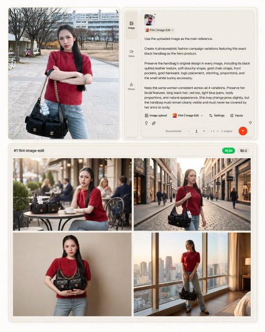 The image shows the eachlabs "Flint Image Edit" interface with a prompt to "Create 4 photorealistic fashion campaign variations featuring this exact black handbag as the hero product," generating four $0.2 outputs at 67% lower cost than standard generation. This illustrates the post's claim of producing multiple campaign variations from a single handbag photo at reduced cost on the eachlabs platform.