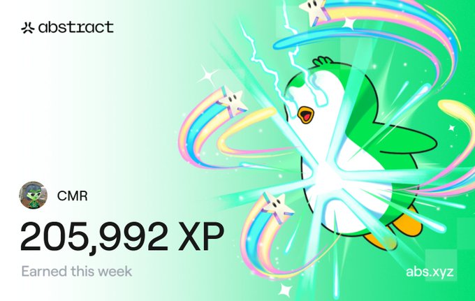 The image features a poster with a cartoon penguin character surrounded by colorful stars and rainbows. The text on the poster reads "Happy XP Day! 205,992 XP earned this week on @AbstractChain and ATH for me I'm posting daily updates on my challenge". The poster is displayed in a square format against a green background.