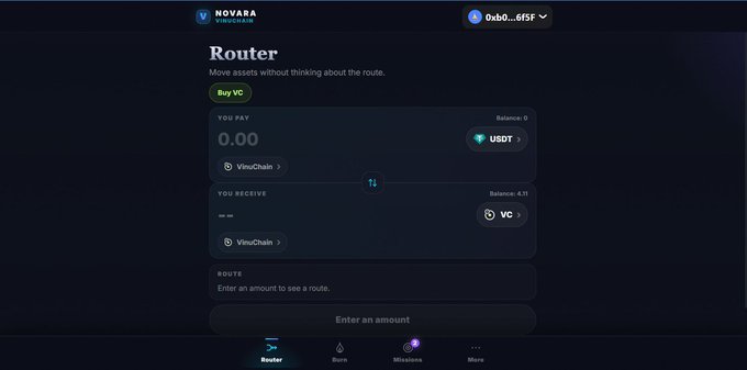 A Novara Vision Chain interface showing a 'Router' page to swap assets, with fields to 'Buy VC' by paying USDT via VinuChain.