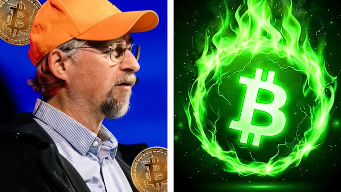 A split image showing a bearded man in an orange Bitcoin cap on the left, next to a glowing green Bitcoin symbol surrounded by flames on the right.