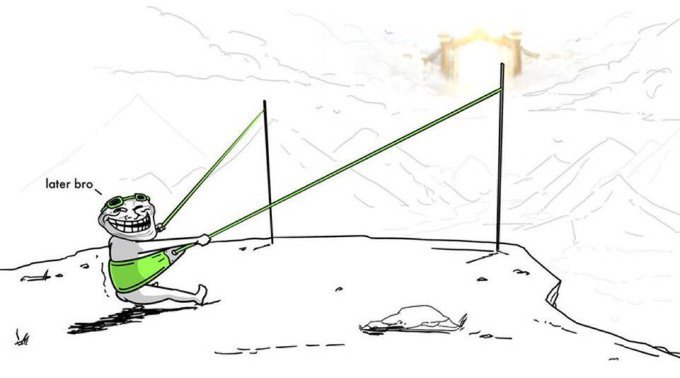 A "later bro" troll face meme drawing of a troll character sitting on a cliff pulling a rope or wire toward a distant glowing structure.