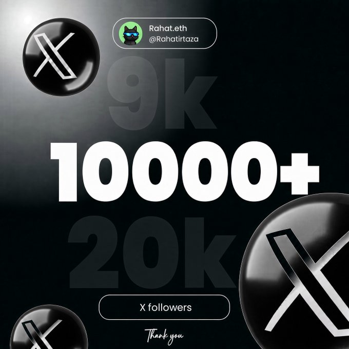 A milestone graphic celebrating "10000+ X followers" for user "Rahat.eth @Rahatirtaza", featuring multiple X (Twitter) logos on a dark background.