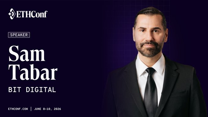 The image features a man dressed in a suit standing against a purple background with white text that reads "ETHConf Speaker Sam Tabar Bit Digital June 8-10 NYC". The caption below the photo indicates that this event is taking place at the EthConf in NYC, and it's scheduled for Saturday, June 8th. The main speaker of the event is a man named Sam Tabar, who will be discussing the importance of AI infra as core pillars within the tech industry.