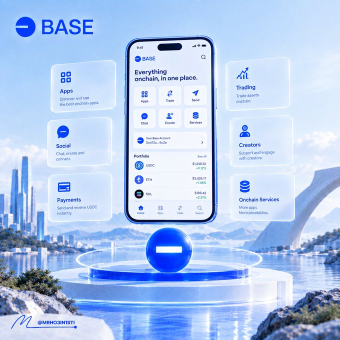 A promotional graphic for the 'BASE' app showing a smartphone interface displaying crypto balances (USDC, ETH, SOL) surrounded by feature callouts (Apps, Social, Payments, Trading, Creators, Onchain Services), with the handle '@MRHO3INTIST' in the bottom left.