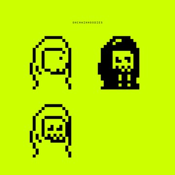 A pixel-art illustration on a bright lime-green background displays three small black "hoodie" figures—one with a smiley face, one resembling a grim reaper/skull, and another with a skull face—under the watermark "@ONCHAINHOODIES," visually representing the growing OnChainHoodies NFT collection the post is promoting.