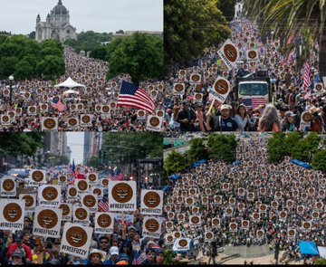 A collage of photos shows a massive crowd of protesters marching through city streets, holding signs that read "#FREEXRP" and "XRP" while carrying American flags, apparently advocating for the release or recognition of the XRP cryptocurrency community. The image relates to the post by illustrating the large-scale community effort behind the suspended @fuzzy_xrp account, which has been sharing pro-XRP content since January 15, 2025.