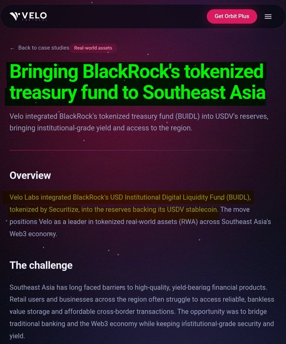 Velo case study webpage highlighting the integration of BlackRock's tokenized treasury fund BUIDL into USDV's reserves to bring institutional-grade yield to Southeast Asia's Web3 economy.