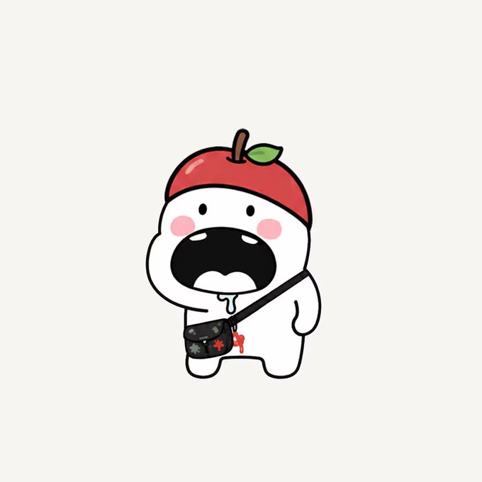 A cute cartoon character wearing a red apple hat, appearing to drool while holding a game controller that drips red liquid, set against a plain background.