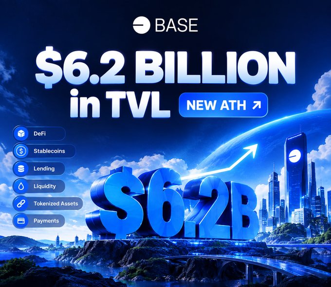 A promotional graphic for the crypto platform BASE announcing a new all-time high of "$6.2 BILLION in TVL," listing categories like DeFi, Stablecoins, and Lending.