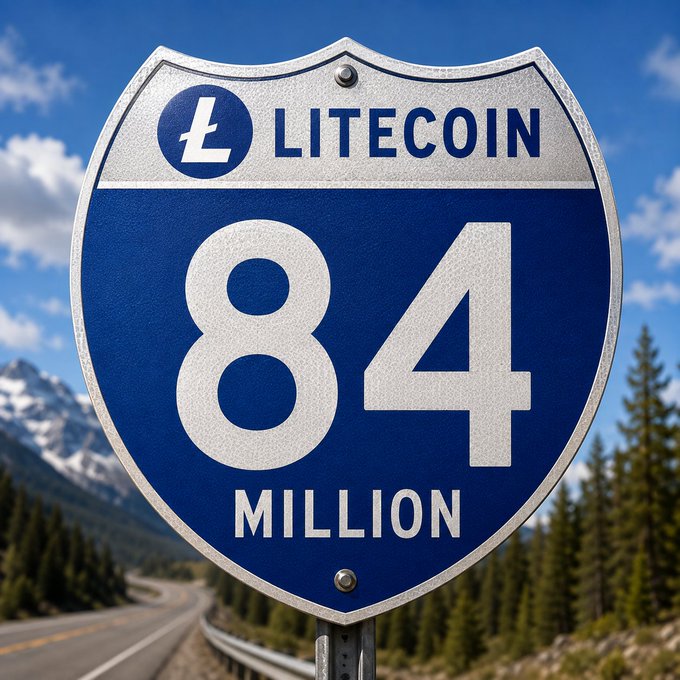 A digital graphic of a blue and white highway shield sign displaying 'LITECOIN 84 MILLION' against a scenic background of mountains, trees, and a road.