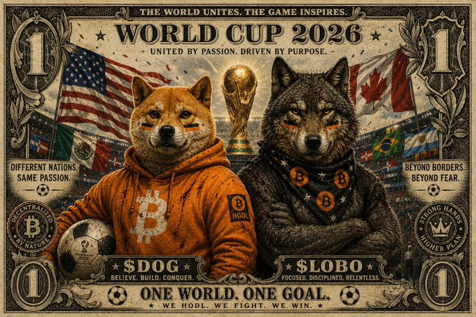 The image features two dogs, one wearing an orange hoodie and the other a black bandana with a skull design, standing next to each other. They are positioned in front of a World Cup poster that includes the text "World Cup 2026 United Nations, The Game Inspires". The background of the poster is adorned with various flags from different countries.

The image also contains a reference to Bitcoin and its connection to the World Cup. It reads: "Let the games begin $DOG $LOBO", which translates to "Let the games begin one world, one goal." This phrase emphasizes the idea that the World Cup unites nations and brings people together through sports.