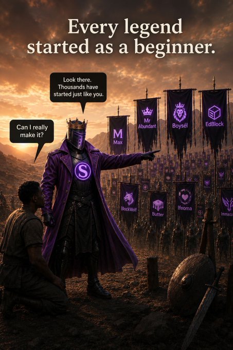 A young man questions a crowned, purple-cloaked figure who points to a vast army of banners featuring crypto tickers like $STKR, Mr Abundant, Boysel, EdBlock, $M, Max, BlockWolf, Butter, and Ifeoma, with the caption "Every legend started as a beginner." The image visually reinforces the post's message about perseverance, showing that the countless successful crypto figures behind the banners all began where the kneeling beginner now stands.