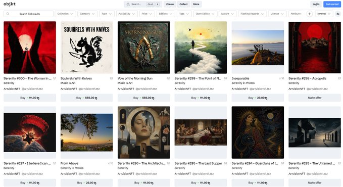 A screenshot of the 'objkt' NFT marketplace showing a grid of digital artworks with various titles, prices in tez, and artist names.