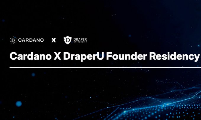 The image features a partnership banner for the "Cardano X DraperU Founder Residency" against a dark blue background with glowing light effects.

The banner showcases the Cardano logo alongside the Draper University logo, promoting a 10-week Silicon Valley accelerator program offering up to $70k in investment, free housing, and a Demo Day for startups focused on RWA, Institutional DeFi, and enterprise blockchain solutions.