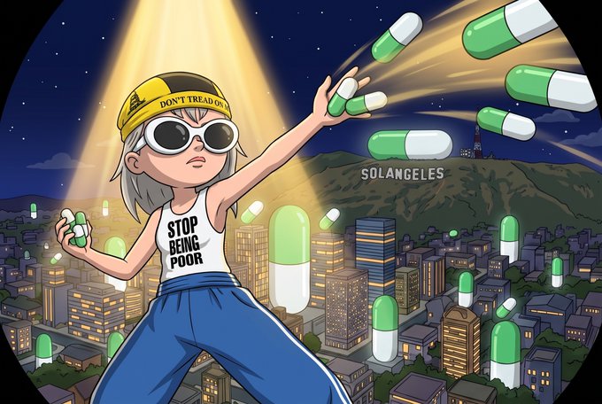 A cartoon character wearing a "DON'T TREAD ON" cap and "STOP BEING POOR" tank top hurls giant green-and-white pills over a city skyline labeled "SOLANGEles," visually depicting the post's "PumpFun mode" by suggesting crypto pills raining down on the LA landscape to fuel a price pump.