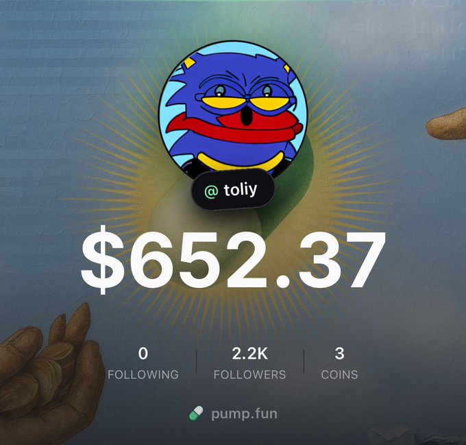 A pump.fun profile page for user 'toliy' showing a balance of $652.37, 0 following, 2.2K followers, and 3 coins, with a blue and red cartoon character avatar.