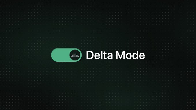 A green toggle switch is shown in the activated position next to the text "Delta Mode" on a dark, dotted background, visually confirming the status that "Delta mode is on."