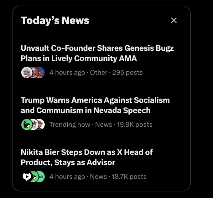 A "Today's News" panel displays three trending headlines, including "Unvault Co-Founder Shares Genesis Bugz Plans in Lively Community AMA" from 4 hours ago with 295 posts and "Trump Warns America Against Socialism and Communism in Nevada Speech" trending with 19.9K posts. The first story about the Unvault AMA aligns with the post celebrating its trending status and the AMA team's success.