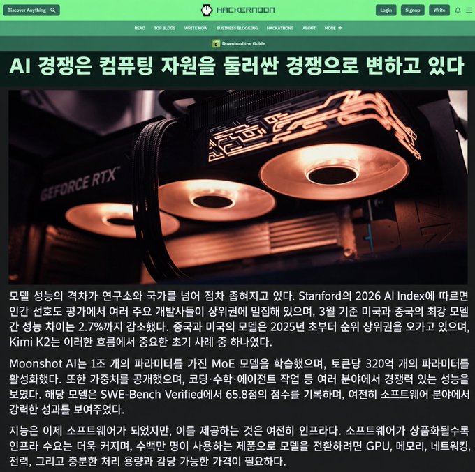 Hackernoon article in Korean about AI competition, with headline discussing AI competition transforming from compute resource competition to resource competition, featuring a GeForce RTX GPU image.