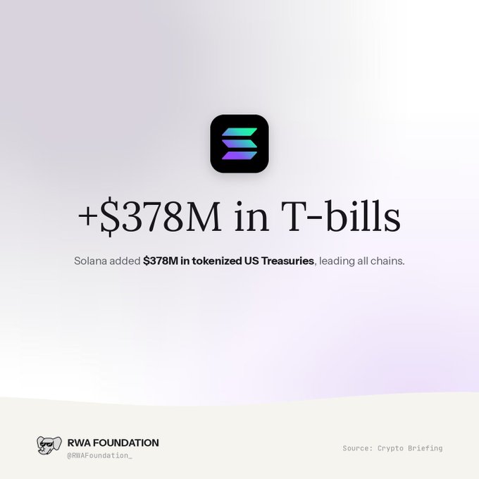 A graphic displays the Solana logo with text reading "+$378M in T-bills" and "Solana added $378M in tokenized US Treasuries, leading all chains," credited to RWA Foundation and Crypto Briefing.