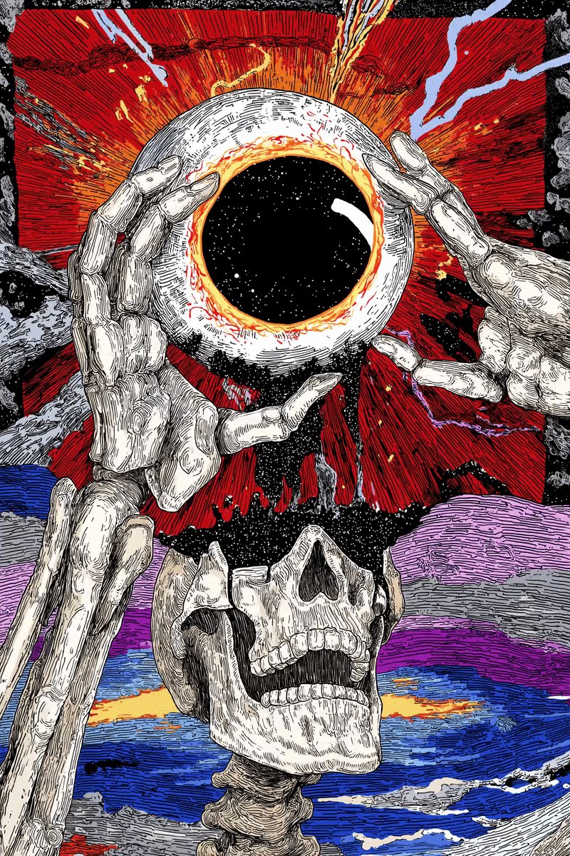 The image features a skull with an eye, which appears to be glowing red or orange. The skull is depicted in black and white, giving it a stark contrast against the vibrant colors of the eye. The background of the image is a mix of blue, purple, and pink hues, creating a surreal atmosphere. The post also mentions that the answer to the question "What is the Question That Outlives Us?" is #2.