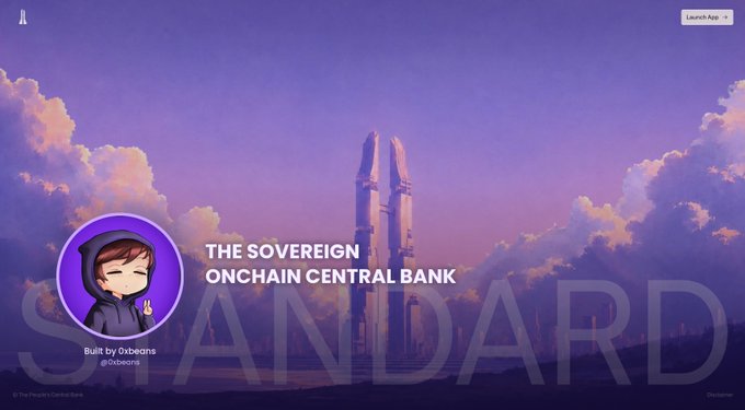 A purple-hued digital landscape featuring towering futuristic skyscrapers and cloudy skies, with the headline "THE SOVEREIGN ONCHAIN CENTRAL BANK" and a chibi-style avatar of "0xbeans" making a peace sign, captioned "Built by 0xbeans." The "Launch App" button in the top right and faint "STANDARD" watermark text across the bottom reinforce the post's focus on rebuilding banking infrastructure onchain, as promoted by @standard_rsv.