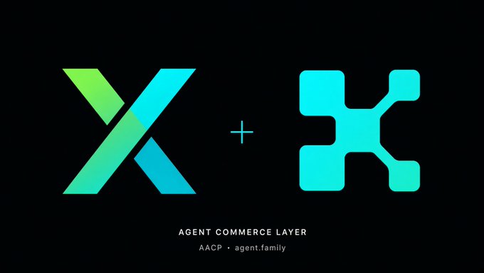 A logo graphic on a black background showing a gradient green and blue X shape plus a cyan icon, with text reading 'AGENT COMMERCE LAYER' and 'AACP · agent.family'.
