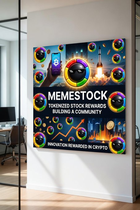 A colorful promotional poster for "MEMESTOCK" hangs on a white office wall, featuring rocket launch and stock chart imagery alongside the text "TOKENIZED STOCK REWARDS BUILDING A COMMUNITY" and "INNOVATION REWARDED IN CRYPTO." The poster visually echoes the post's message by symbolizing the fusion of meme culture with innovative crypto rewards and upward growth.