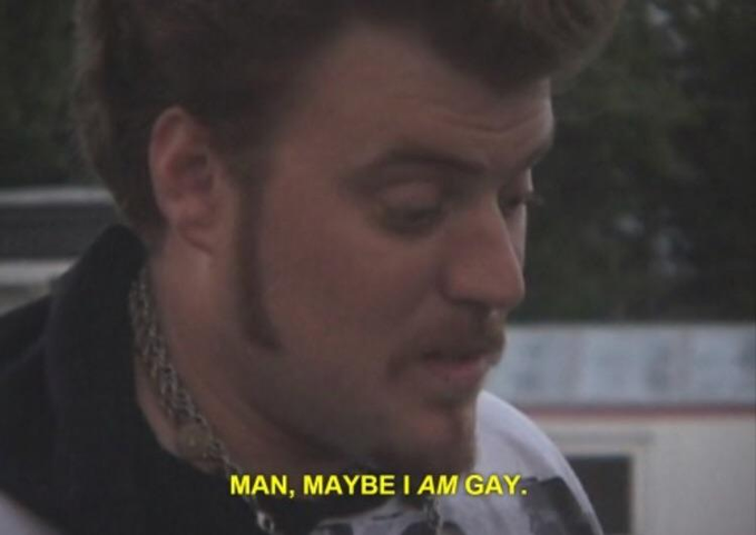 A close-up shot of a man with a mustache looking down contemplatively, with the caption "MAN, MAYBE I AM GAY." in yellow text, used to humorously express regret over missing an obvious trading opportunity.