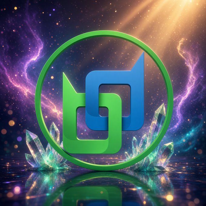 A stylized green and blue interlocking logo design floats against a cosmic purple and gold galaxy background with crystal formations.