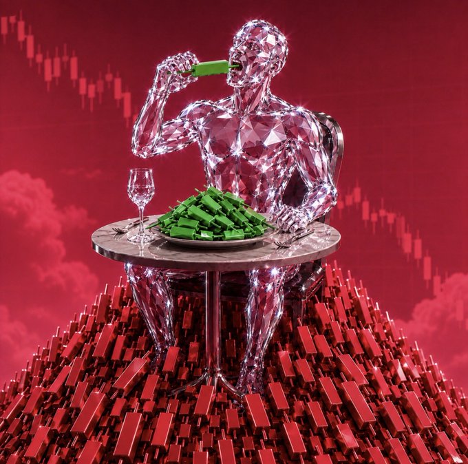 A digital artwork featuring a faceted, crystal-like human figure eating a green rectangular object at a table, with a red stock chart in the background and a pile of red bars below.