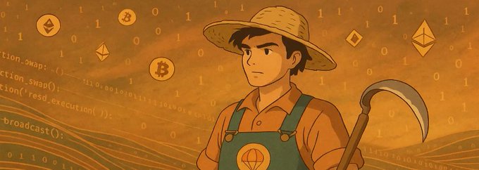 The image shows a young farmer in a straw hat and overalls holding a scythe against a golden field background filled with binary code, Ethereum (ETH) logos, Bitcoin (₿) symbols, and faint visible text including "broadcast()" and "resd_execution." This illustration metaphorically captures the post's message about the hidden disparity between active wallets and real users on a blockchain, where one experienced crypto user often controls 5–10 wallets for different purposes—much like a farmer managing multiple plots.