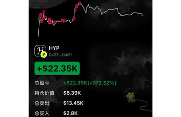 Trading portfolio screenshot showing a +$22.35K gain (+772.52%) on HYP, with total value $8.39K, total input $13.45K, and total output $2.8K, displayed over a red price chart.