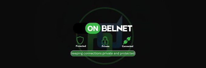 A logo for 'ON BELNET' with a green toggle switch, featuring icons labeled 'Protected,' 'Private,' and 'Connected,' with the tagline 'keeping connections private and protected.'