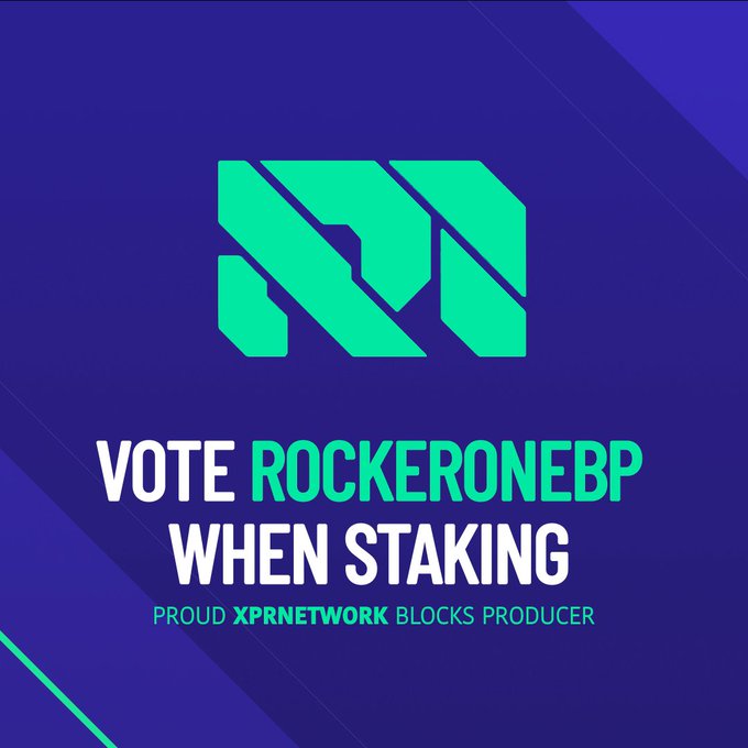A promotional graphic for RockeRoneBP, reading 'VOTE ROCKERONEBP WHEN STAKING - PROUD XPRNETWORK BLOCKS PRODUCER,' featuring a green stylized 'XPR' logo on a blue background.