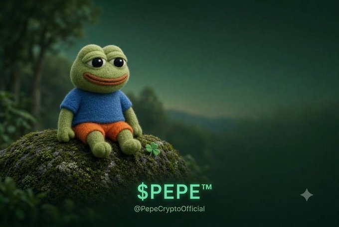 A 3D rendered image of a Pepe the Frog plush toy sitting on a mossy rock, with '$PEPE™' and '@PepeCryptoOfficial' branding displayed against a green forest background.