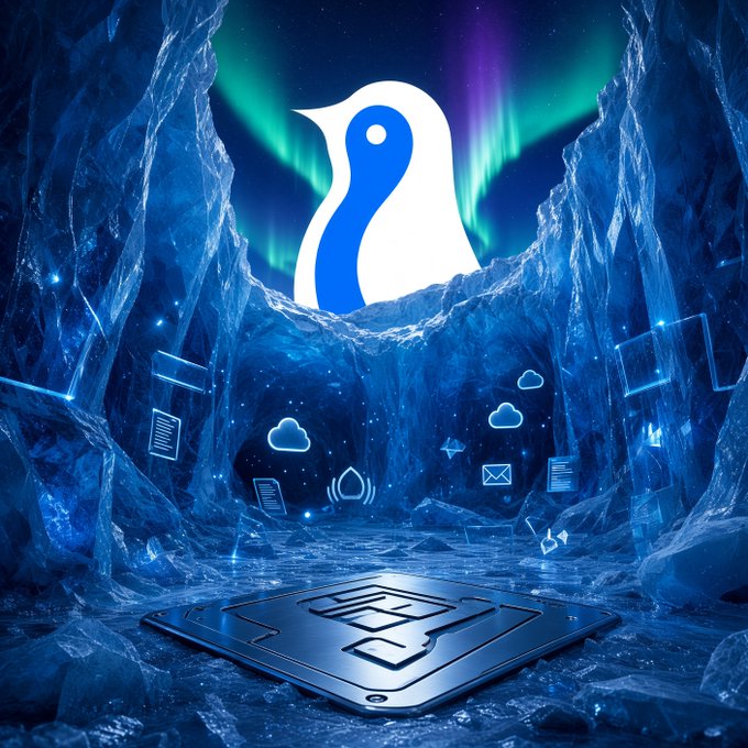A digital artwork features a stylized blue and white penguin mascot logo displayed within an icy cave illuminated by the aurora borealis, with floating digital icons hovering above an SD card in the foreground.
