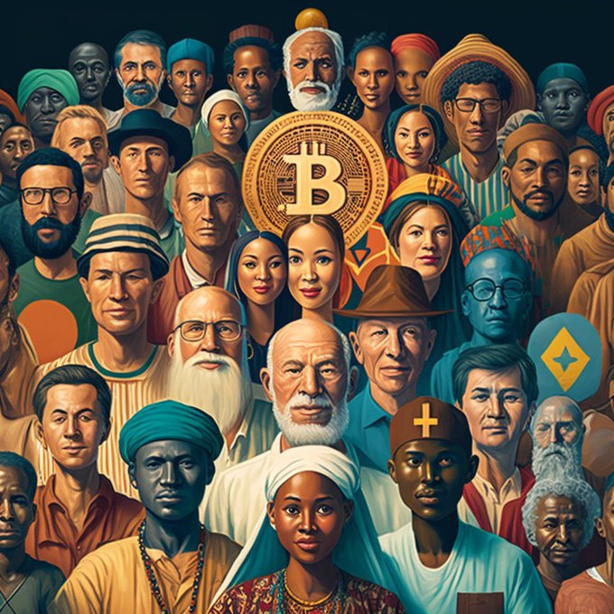 A colorful digital illustration showing a diverse crowd of people from various cultures and backgrounds, with a large Bitcoin symbol prominently displayed in the center.