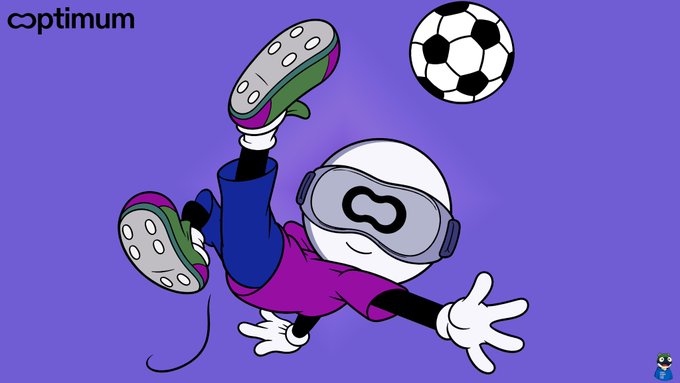 A cartoon character with an Optimum logo for a face, wearing goggles and doing a bicycle kick near a soccer ball on a purple background, with the 'optimum' logo in the corner.