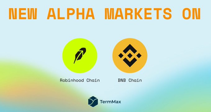 Promotional graphic announcing "NEW ALPHA MARKETS ON" Robinhood Chain and BNB Chain, featuring the TermMax logo at the bottom.